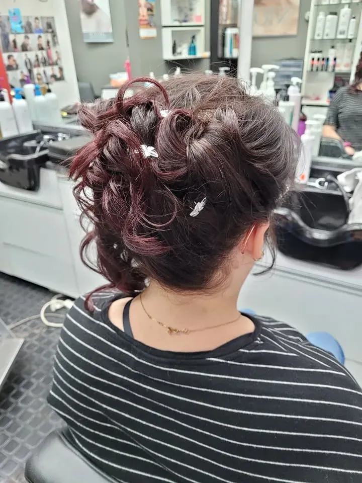 Chignon relevé, reflets aubergine — photo prise au Salon de la Coupe